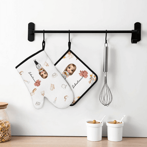 Henkilökohtainen ruoanlaitto Mama Syntymä Kukka nimi Eristys Oven Mitt ja Pot Holder Set Äitienpäivä Syntymäpäivä Lahja äidille Isoäiti Isoäiti Naiset Leivonta rakastaja