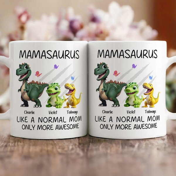 Personlig söt 3D-dinosauriefamilj Vit keramikmugg med 1-12 namn Födelsedag Mors dag-present till mamma mormor