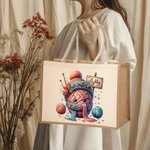 Personalized Cartoon Crochet Pattern Jute Tote Bag with Name Travel Accessories Birthday Holiday Gift for Knitting Lovers Women