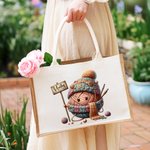 Personalized Cartoon Crochet Pattern Jute Tote Bag with Name Travel Accessories Birthday Holiday Gift for Knitting Lovers Women