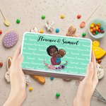 Personalizado de dibujos animados mamá y el niño de nacimiento de flores de alimentos de grado galleta galleta de almacenamiento de lata con el nombre de cumpleaños Día de la Madre de regalo para la m