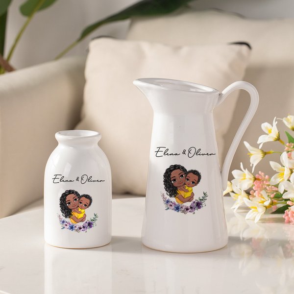Personalisierte Cartoon Mama und Kind Geburt Blume Keramikvase mit Namen Muttertag Geburtstag Home Decor Geschenk für Mama Oma