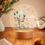 Veilleuse LED Personnalisée avec Nom et Texte Style d'Animaux de la Forêt Décoration Intérieure avec Base en Bois Cadeau Anniversaire Fête pour Enfant