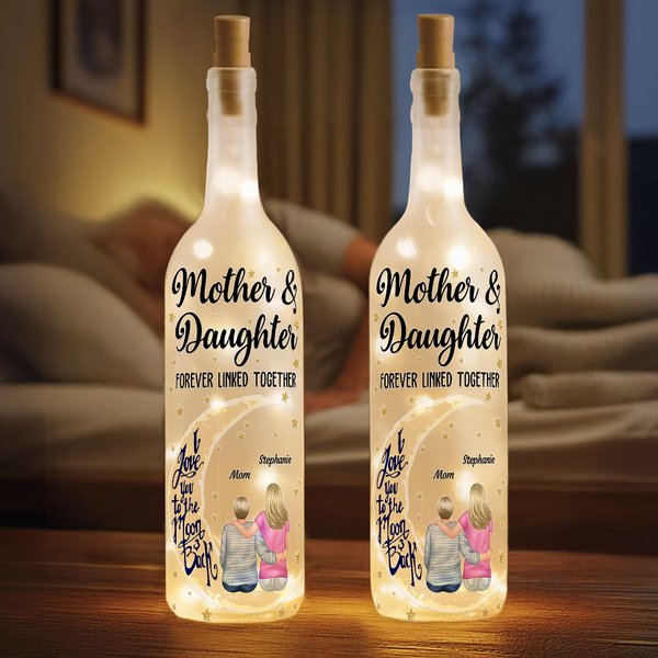 Personalized Moon Cartoon Mom and Daughter Forever Linked Together LED Bottle Lamp with Name Home Decor Mother's Day Birthday Gift for Mom Grandma