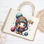Personalized Cartoon Crochet Pattern Jute Tote Bag with Name Travel Accessories Birthday Holiday Gift for Knitting Lovers Women