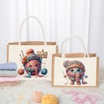Personalized Cartoon Crochet Pattern Jute Tote Bag with Name Travel Accessories Birthday Holiday Gift for Knitting Lovers Women
