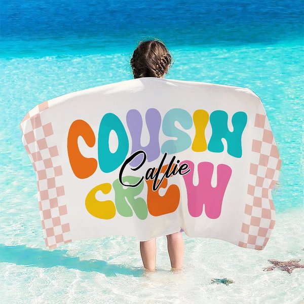 Serviette de plage surdimensionnée personnalisée à carreaux multicolores avec nom Cousin Crew Quick Dry Summer Travel Holiday Essential Birthday Gift for Family Kids