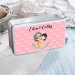 Personalizado de dibujos animados mamá y el niño de nacimiento de flores de alimentos de grado galleta galleta de almacenamiento de lata con el nombre de cumpleaños Día de la Madre de regalo para la m