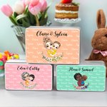 Personalizado de dibujos animados mamá y el niño de nacimiento de flores de alimentos de grado galleta galleta de almacenamiento de lata con el nombre de cumpleaños Día de la Madre de regalo para la m