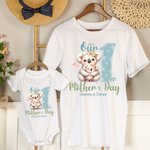 Personalized Cute Animals 100% Cotton Baby Bodysuit Matching T-shirt with Names and Date First Mother's Day Gift for Newborn New Mom