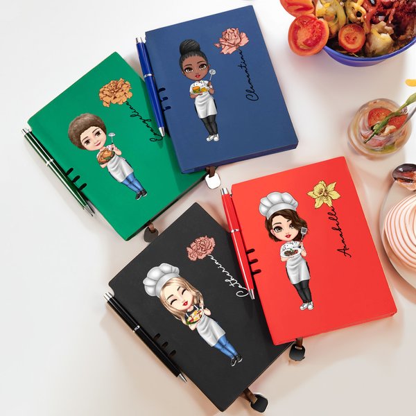 Personalized Cartoon Cooking Mama Birth Flower Name A5 Recipe Notebook and Pen Set Mother's Day Birthday Gift for Grandma Mom Cooking Baking Lover