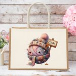 Personalized Cartoon Crochet Pattern Jute Tote Bag with Name Travel Accessories Birthday Holiday Gift for Knitting Lovers Women