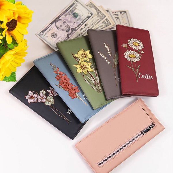 Gepersonaliseerde Geboortebloem PU Leren Portemonnee met Naam en RFID Blokkerende Creditcard Houder Verjaardag Moederdag Cadeau voor Vrouwen