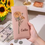 Personalized Birth Flower PU Leather Wallet with Name and RFID Blocking Credit Card Holder Birthday Mother's Day Gift for Women