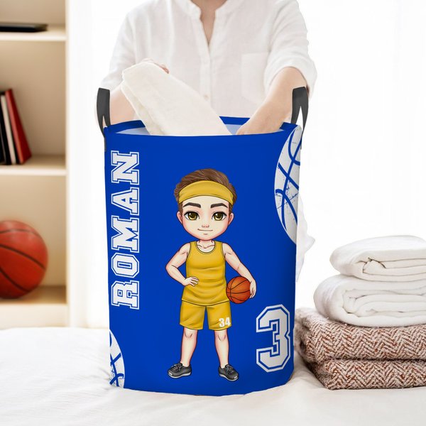 Personalised Ball Sport Cartoon Character Large Name Collapsible Laundry Storage Basket with Handle Housewarming Birthday Gift for Sports Lover