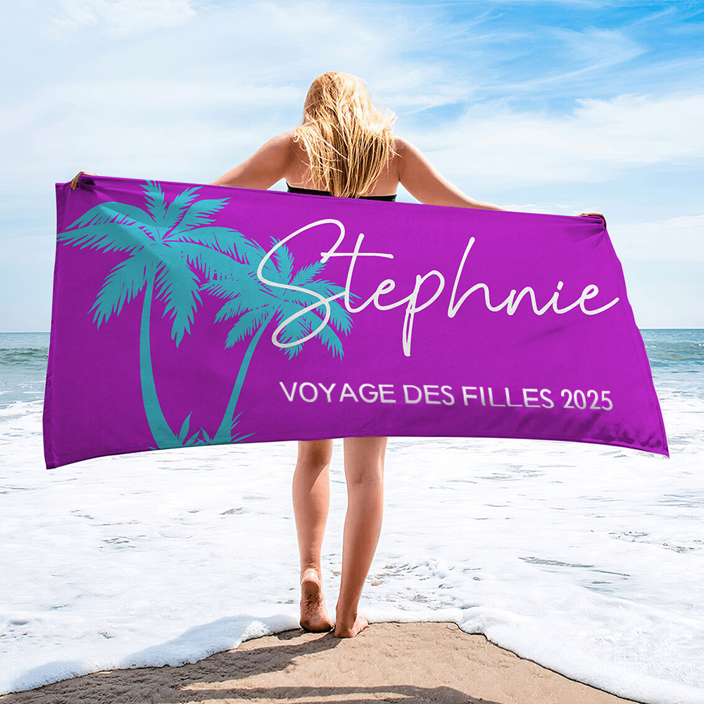 Serviette de Plage Personnalisée avec Nom Texte Motif Palmier Multicolore Accessoire à Séchage Rapide Cadeau pour Femme