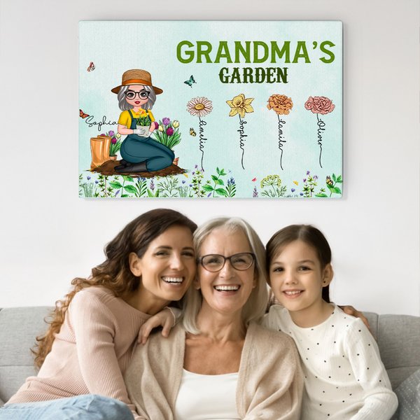 Personalizzato personaggio dei cartoni animati nascita giardino floreale Poster senza cornice con 1-12 nomi Home Decor Regalo per la festa della mamma nonna