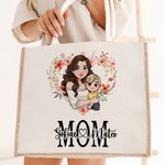 Personalisiertes Tote Bag Jute-Tasche Herzfömiger Kranz Cartoon Mama und Kinder mit Namen Reisezubehör Muttertag Geburtstag Geschenk für Mama Damen