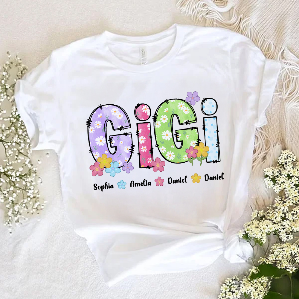 T-shirt personnalisé avec Alphabets floraux colorés Sweatshirt avec Surnom et 1-12 Noms Fête des Mères Cadeau d'Anniversaire pour Maman Grand-mère Famille