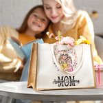 Personalisiertes Tote Bag Jute-Tasche Herzfömiger Kranz Cartoon Mama und Kinder mit Namen Reisezubehör Muttertag Geburtstag Geschenk für Mama Damen