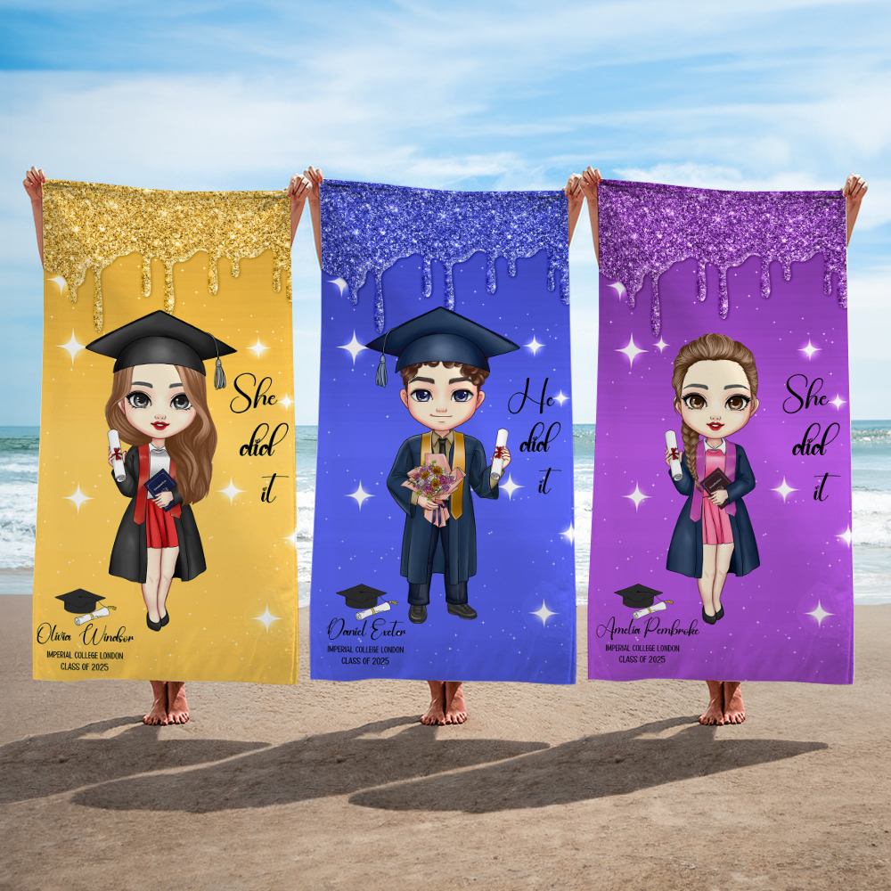 Serviette de plage à séchage rapide avec nom pour la fête de fin d'études Cadeau de fin d'études pour les hommes et les femmes