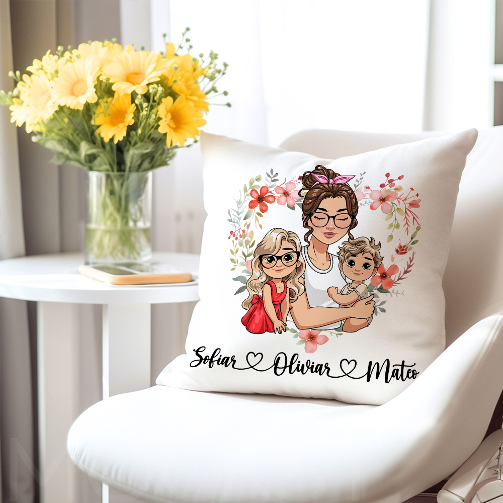 Taie d'oreiller personnalisée en forme de couronne de coeur, avec nom, pour maman et 1 ou 2 enfants Cadeau de fête des mères pour maman