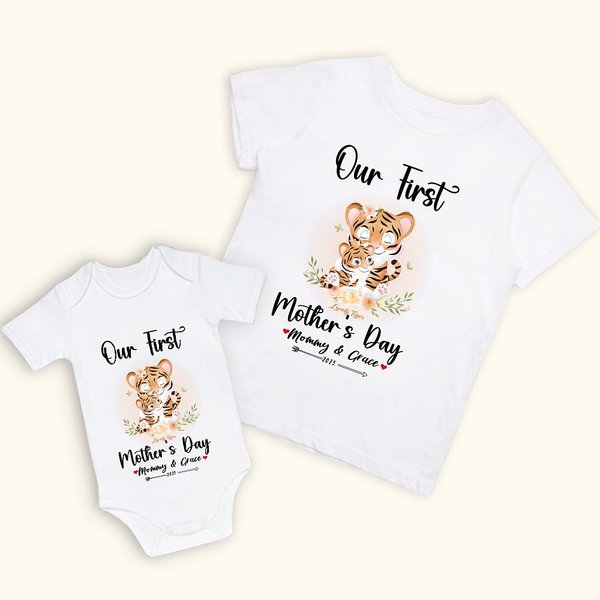 Gepersonaliseerde Schattige Tijger Onze Eerste Moederdag 100% Katoenen T-shirt Baby Onesie Set met Namen Moederdagcadeau voor Nieuwe Moeder Baby