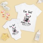 Camiseta personalizada Día de la Madre Nuestro Primer Bebé Conjunto de body con panda de flores y nombres Regalo del Día de la Madre para la nueva mamá Bebé