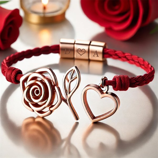 Personalised Rose Heart Adjustable Handmade Red Rope Bracelet with Engraved Initials Valentine's Day Anniversary Birthday Gift for Women