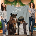 Personalised Multicolor Watercolor Style Horse Photo Soft Throw Blanket with Name Home Decor Birthday Equestrian Keepsake Gift for Horse Enthusiasts