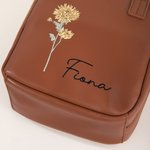 Personalised Birth Flower Name Portable PU Leather Makeup Bag with Handle and Multiple Compartments Travel Accessories Birthday Gift for Women Girls