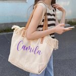 Personalised Tassel Large Capacity Canvas Tote Bag with Name and Leather Handle Travel Accessories Mother's Day Birthday Gift for Women