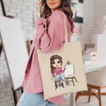 Gepersonaliseerde Leuke Cartoon Schilderen Meisje Herbruikbare Canvas Draagtas met Naam Reisaccessoires Verjaardag Verjaardagscadeau voor Kunstenaars Schildersvrienden
