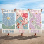 Serviette de Plage Personnalisée avec Motif Floral Multicolore et Nom Accessoire Séchage Rapide Cadeau Vacances pour Femme Amatrice de Natation