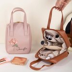 Personalised Birth Flower Name Portable PU Leather Makeup Bag with Handle and Multiple Compartments Travel Accessories Birthday Gift for Women Girls