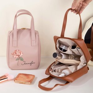 Personalised Birth Flower Name Portable PU Leather Makeup Bag with Handle and Multiple Compartments Travel Accessories Birthday Gift for Women Girls