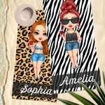 Gepersonaliseerde Strandlaken met Luipaard Zebraprint Cartoonfiguur Oversized met Naam Reis Zomervakantie Cadeau Feestgeschenk voor Vrouwen