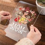 Personalised Heart-shaped Wreath Cartoon Mom and 1-2 Kids LED Night Light with Name and Wood Base Home Desk Decor Mother's Day Gift for Mom Grandma