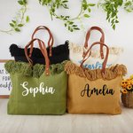 Personalised Tassel Large Capacity Canvas Tote Bag with Name and Leather Handle Travel Accessories Mother's Day Birthday Gift for Women