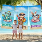 Gepersonaliseerde Schattige Dieren Oversized Strandlaken met Zwemring Sneldrogend Naam Zomervakantie Zwembad Feest Cadeau voor Jongens Meisjes