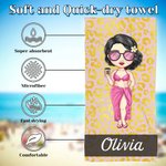 Personalized Leopard Zebra Print Cartoon Character Oversized Beach Towel with Name Travel Essentials Summer Vacation Party Gift for Women