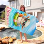 Gepersonaliseerde Schattige Dieren Oversized Strandlaken met Zwemring Sneldrogend Naam Zomervakantie Zwembad Feest Cadeau voor Jongens Meisjes