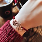 Personalised Rose Heart Adjustable Handmade Red Rope Bracelet with Engraved Initials Valentine's Day Anniversary Birthday Gift for Women