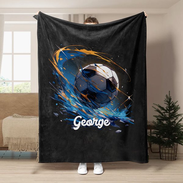 Gepersonaliseerde Dynamic Soccer Zachte Zwarte Deken met Naam Warme Home Decor Verjaardagscadeau voor kinderen voetballiefhebbers