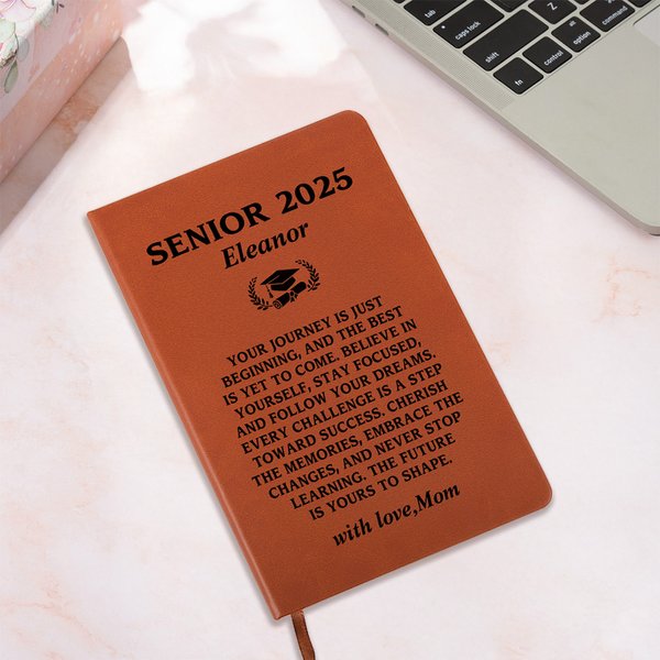 Personalised Senior 2025 Wishes Message A5 Leather Journal Notebook with Name and Elastic Band Graduation Support Gift for Graduates Freshmen