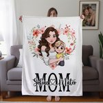 Personalizado en forma de corazón de dibujos animados mamá y 1-2 niños suave manta con nombre Día de la Madre Cumpleaños Regalo para mamá abuela
