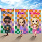 Personalisiertes Retro Karo Cartoon Figur Strandtuch mit Namen Schnelltrocknend Sommer Reise Essentials Geburtstag Geschenk für Kinder Erwachsene