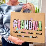 Personalized Colorful Flowers Large Jute Tote Bag with Nickname and 1-12 Names Mother's Day Birthday Gift for Mom Grandma