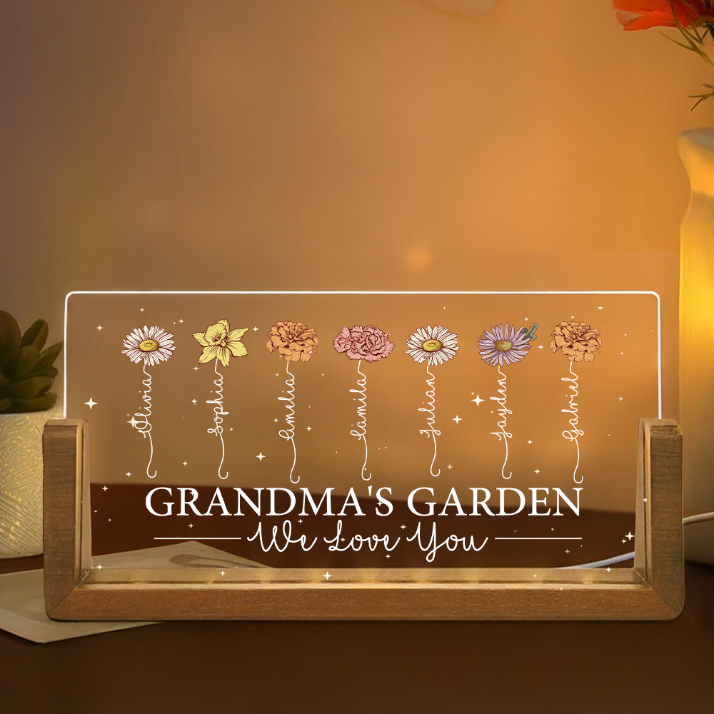 Veilleuse personnalisée We Love You Birth Flower Rectanglar Acrylic LED Night Light avec base en bois et 1-12 noms Cadeau de fête des mères pour maman grand-mère