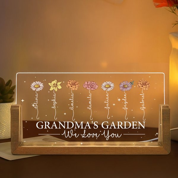 Gepersonaliseerd We love You Geboortebloem Rectanglar Acryl LED Nachtlampje met Houten Voet en 1-12 Namen Moederdagcadeau voor Mamma Oma